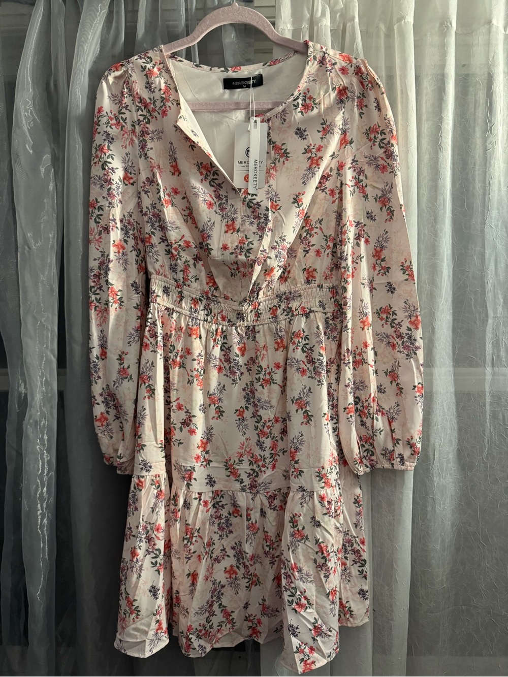 Merokeety Pink Floral Long Sleeve Tiered Dress